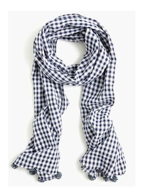 J.Crew seersucker gingham scarf with pom-poms 100% cotton